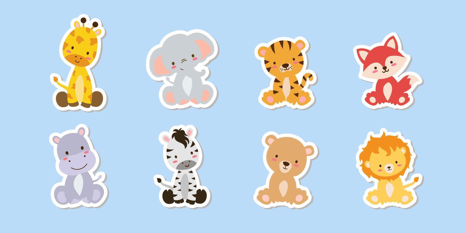 Cute set of stickers of safari animals Savanna and safari funny cartoon sticker animals. Jungle animals set of sticker elements. , giraffe, lion and and other vector