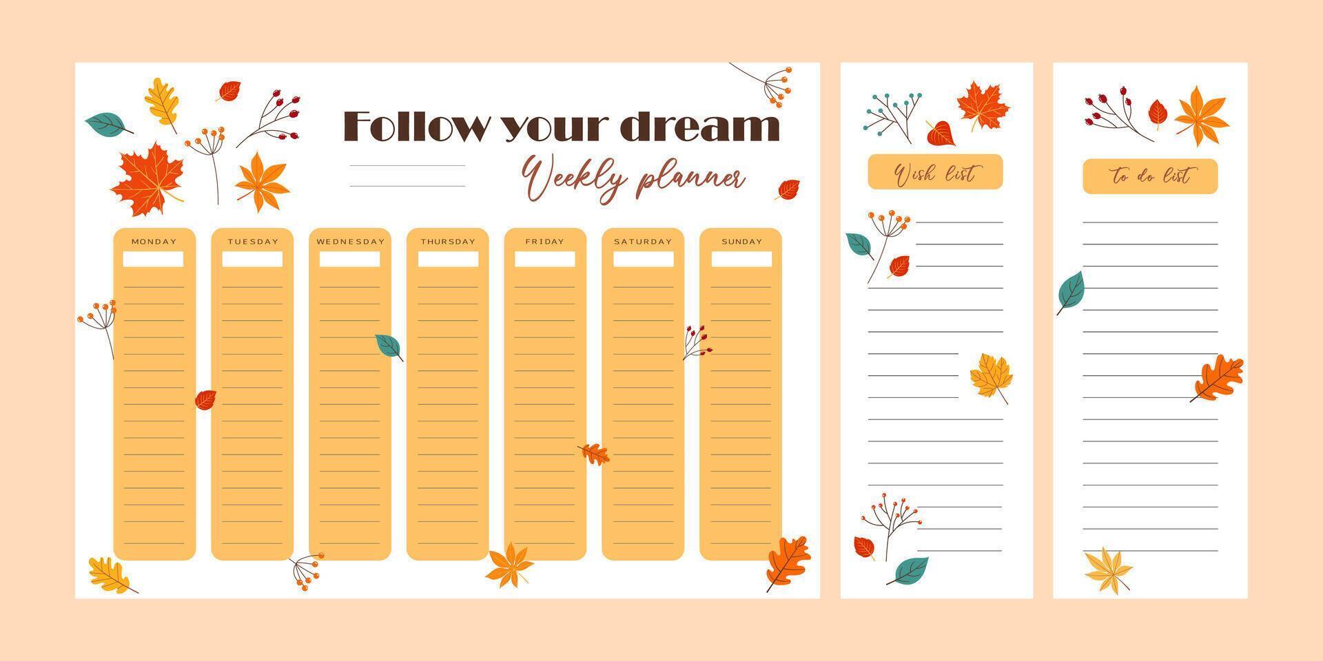 weekly planner with autumn leaves . illustration. vector