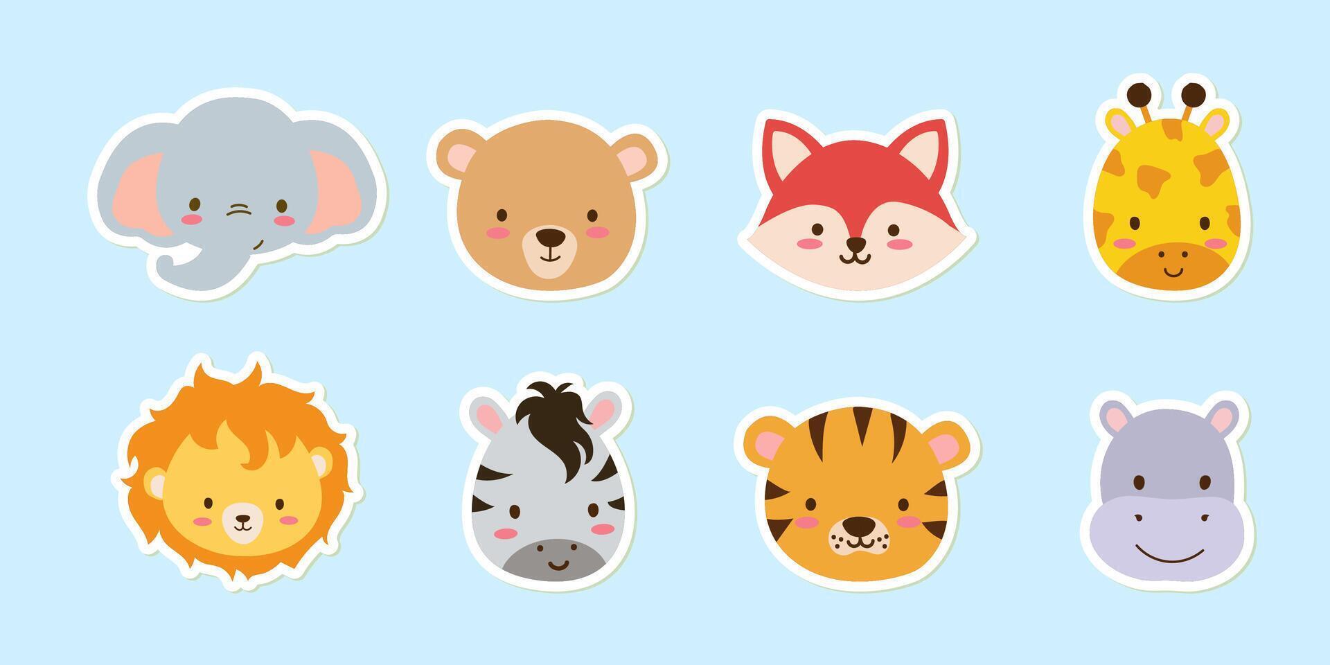 Cute set of stickers of safari animals . Savanna and safari funny cartoon sticker animals. Jungle animals set of sticker elements. vector