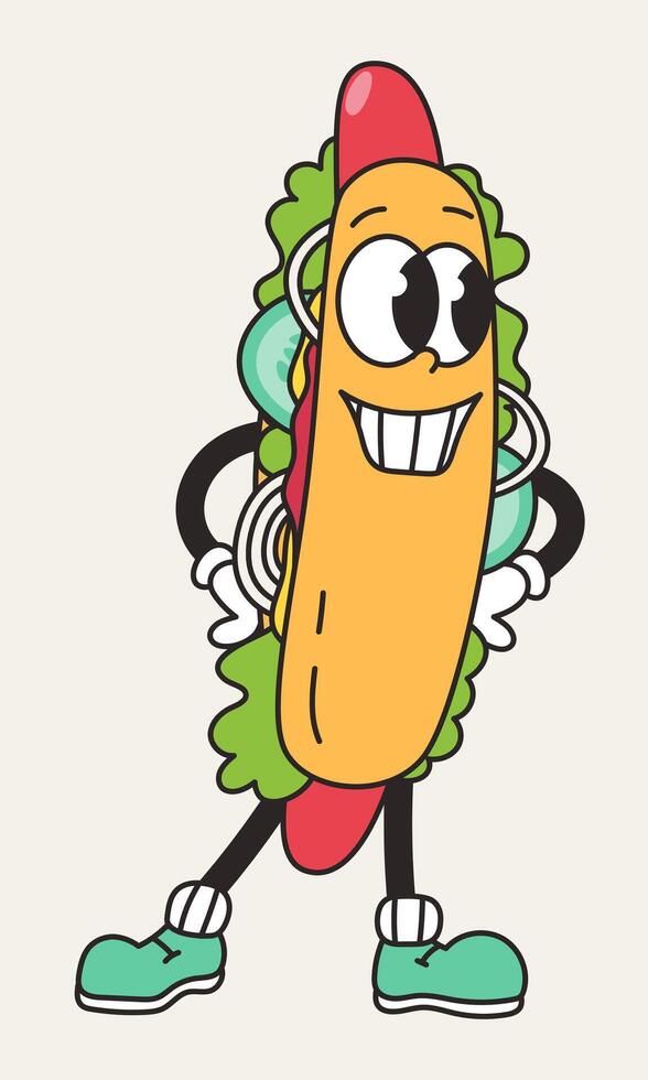 Groovy retro hot dog character. Junk food. cartoon isolated illustration vector