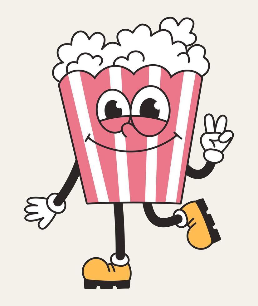 Groovy retro character bag of popcorn. Junk food. cartoon isolated illustration vector