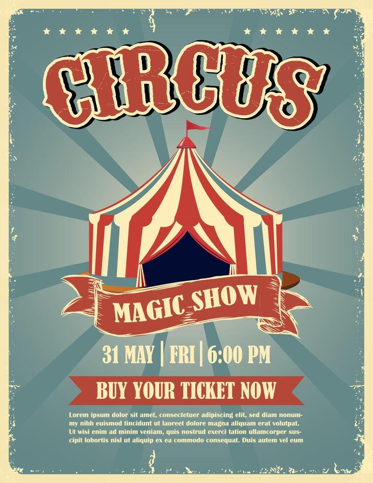 Vintage circus magic show poster. Retro design with tent and bold typography vector