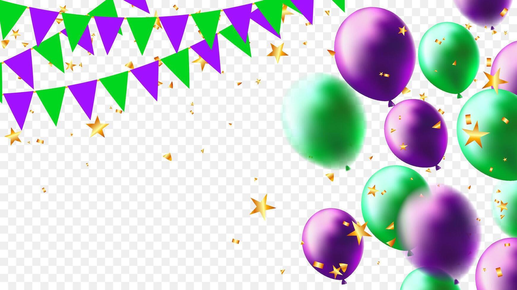 Flying realistic balloons, gold confetti and paper triangle pennants chain template vector