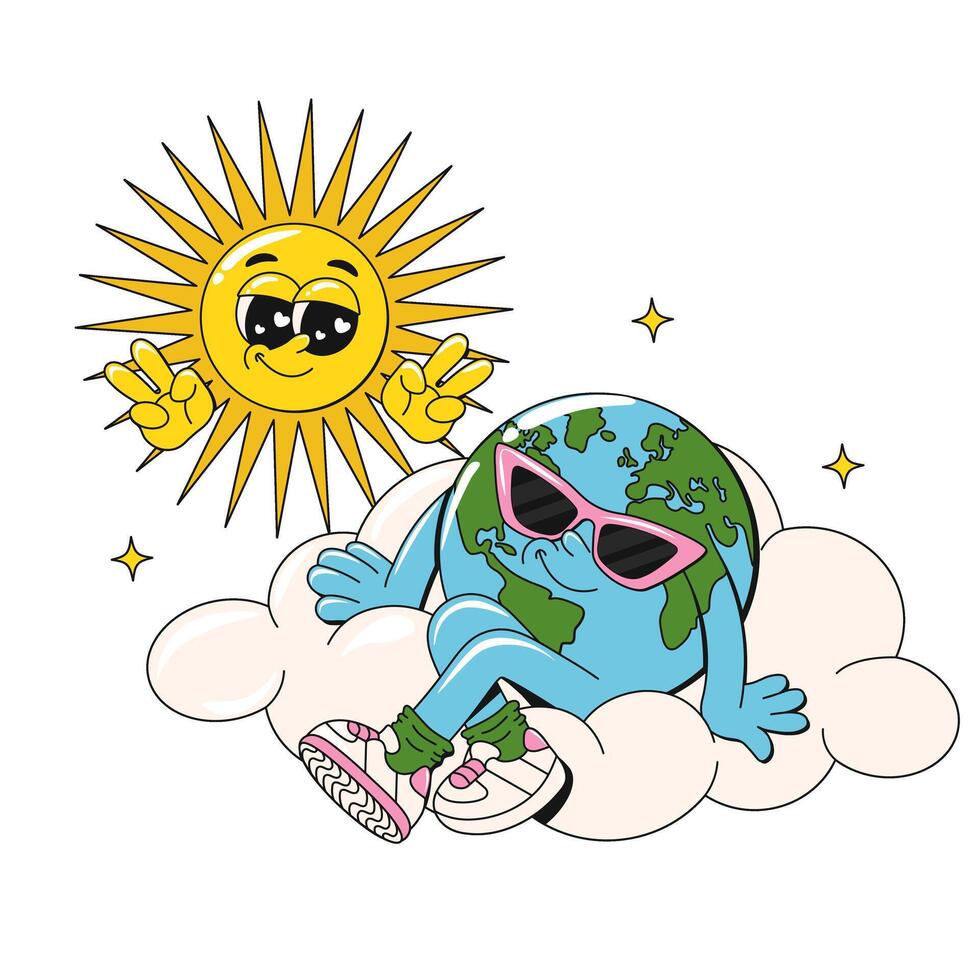 Retro groovy happy Earth planet and sun characters. Funny cartoon 60s, 70s vintage Earth Day sticker. World Environment Day concept. illustration in Y2K aesthetics. Editable strocke. vector
