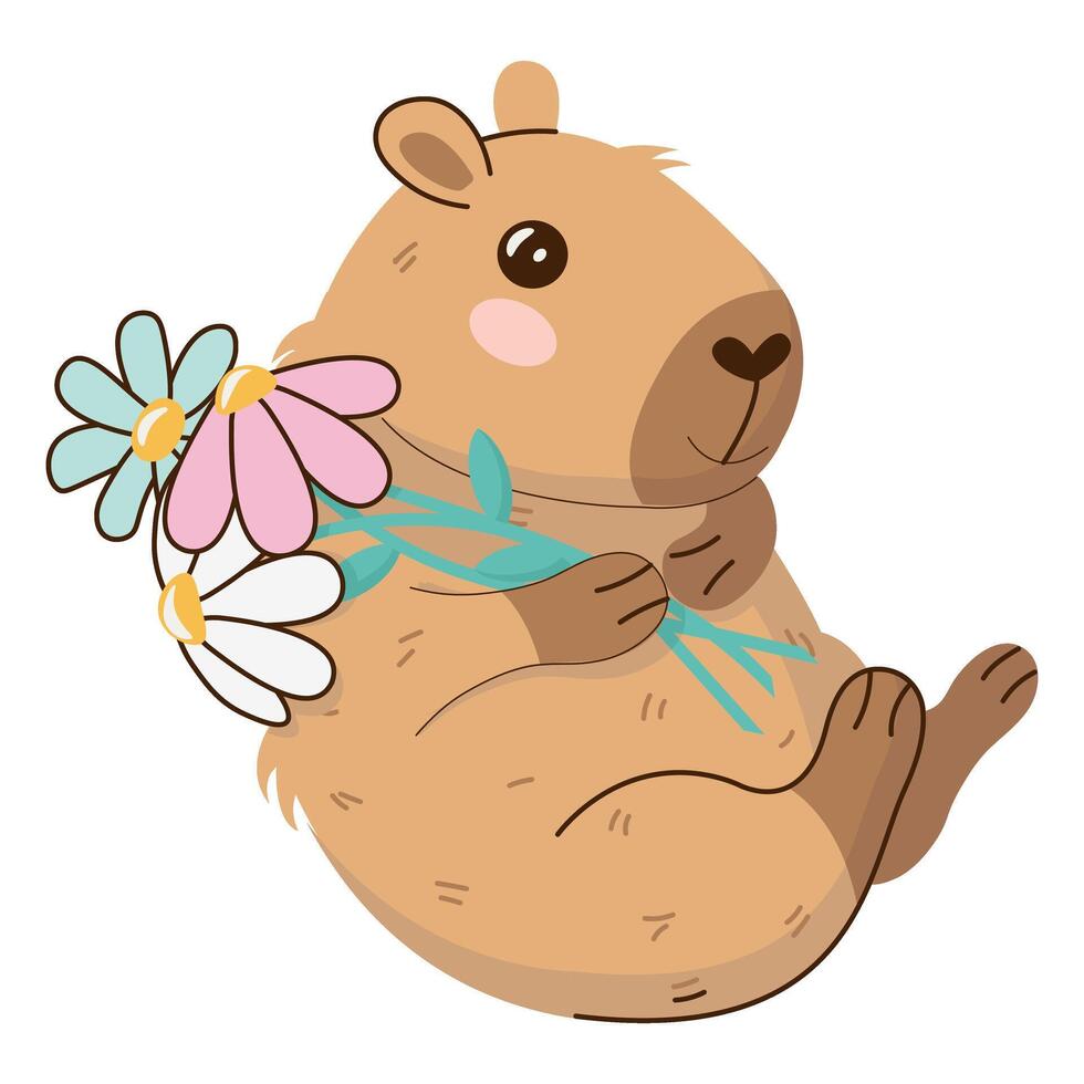 A cute and cuddly capybara character with flowers. Happy Birthday concept. Funny hand-drawn festive sticker. illustration isolated on transparent background. vector