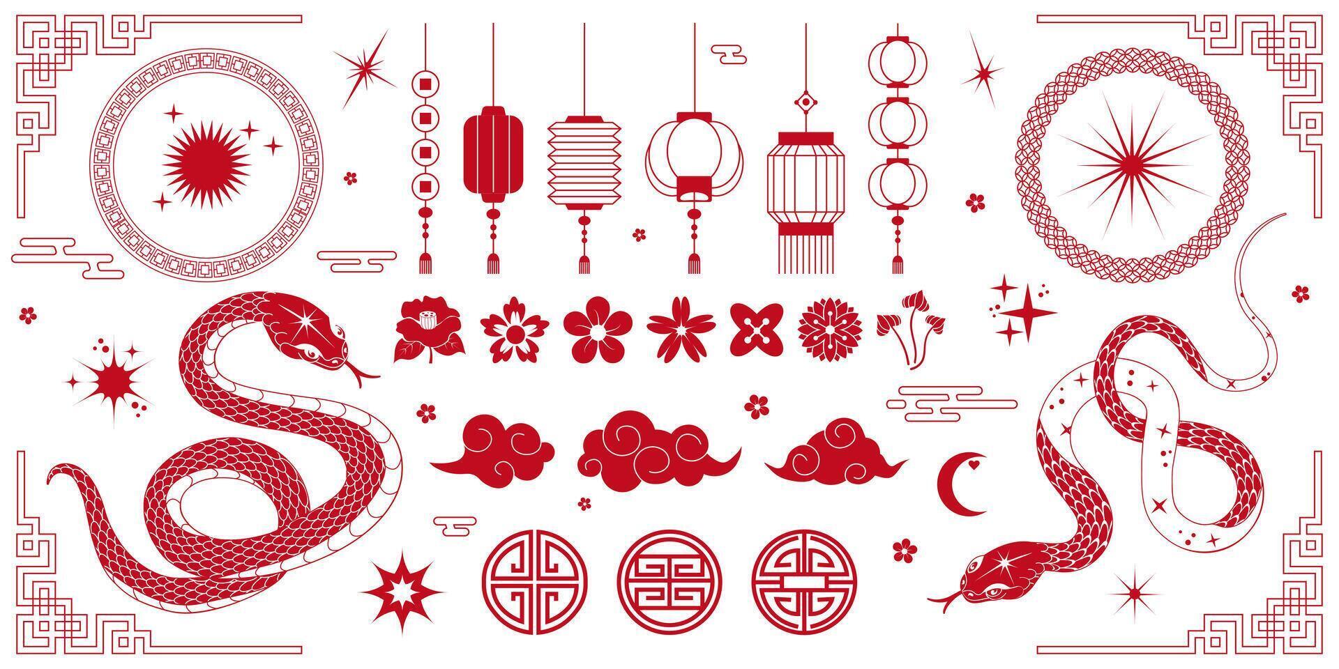 Set of decorative ornaments in Chinese style pattern, flower, lantern, cloud, snake, isolated on white background. Chinese New Year 2025. illustration in red color for cards, prints, posters. vector