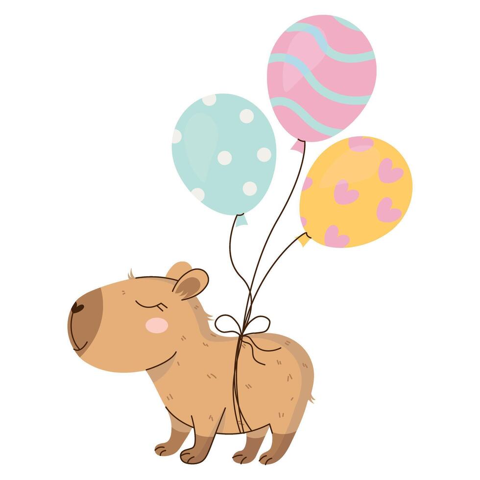 A cute and cuddly capybara character with three balloons. Happy Birthday concept. Funny hand-drawn festive sticker. illustration on transparent background. vector