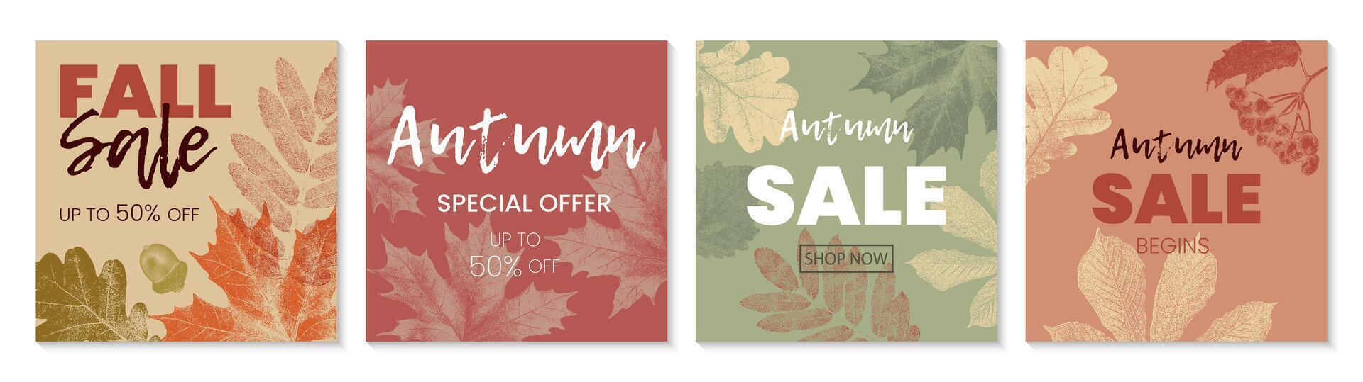 Collection of autumn sale promotion templates with autumn leaves. illustrations with with grainy photocopy effect for flyers, banners, social media. vector