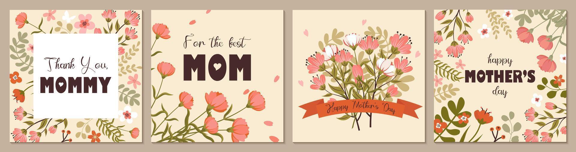 Mothers day editable templates for greeting cards, posters, invitations, social media. illustration in hand drawn flat style with flowers, greenery in pastel colors and trendy typography. vector