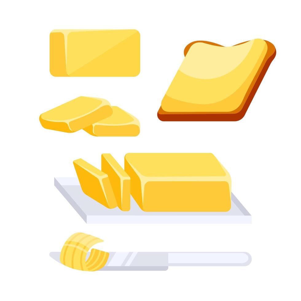 Butter being spread on toast with a butter knife and a butter curl, depicting a breakfast scene vector