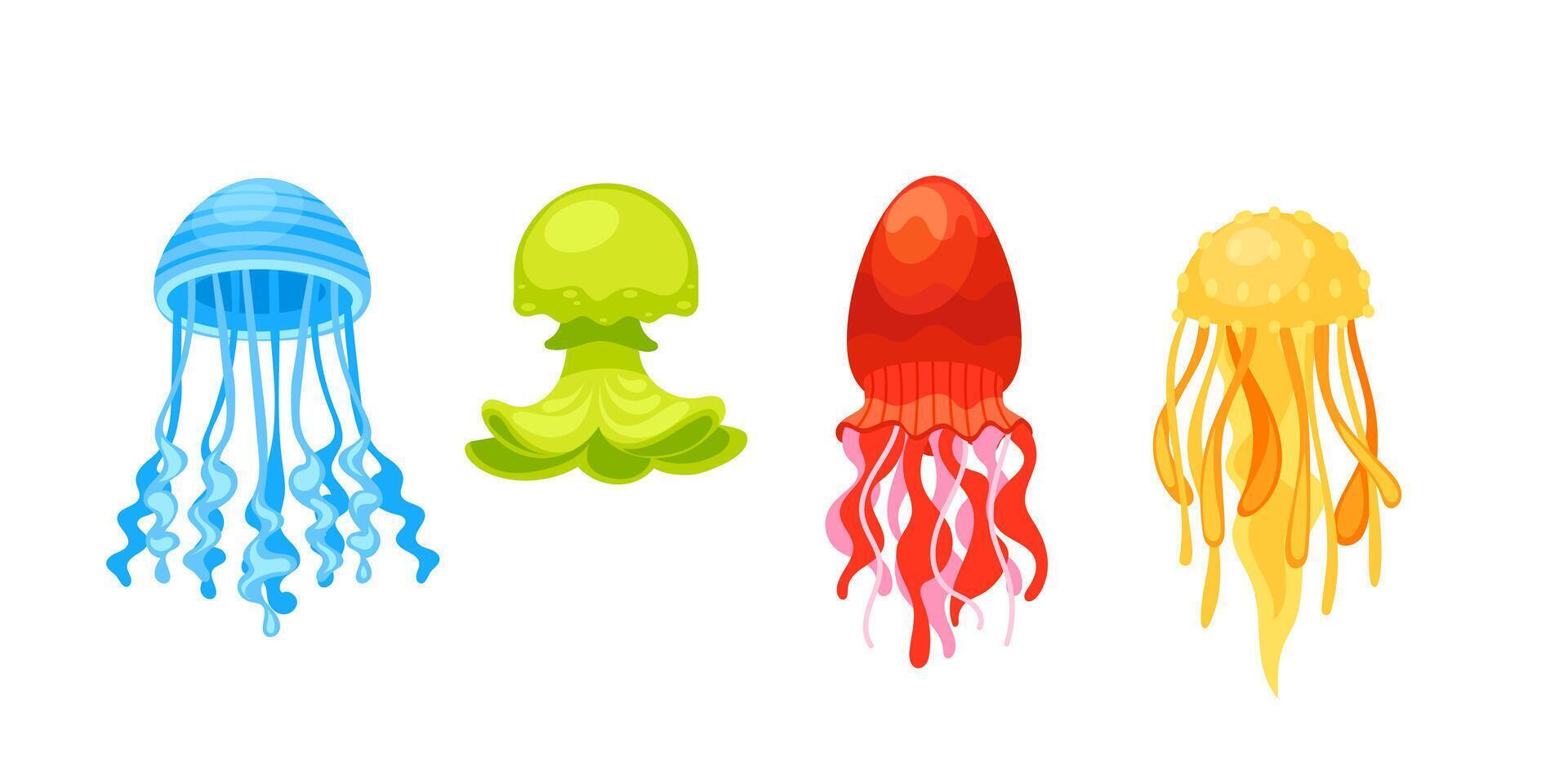 Four jellyfishes with different colors and shapes are swimming underwater in the ocean vector
