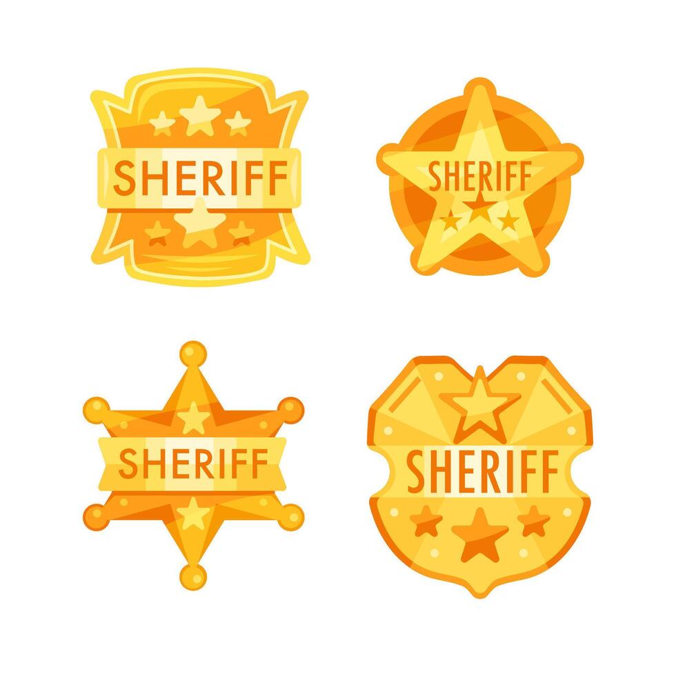 Four golden sheriff badges with stars are representing law enforcement in wild west vector