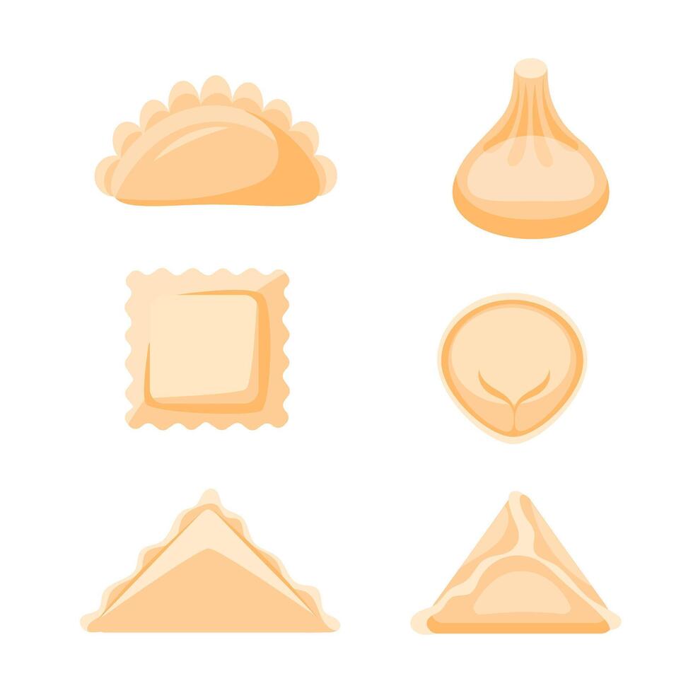 Dumplings of different shapes set. Cooking dumplings. vector