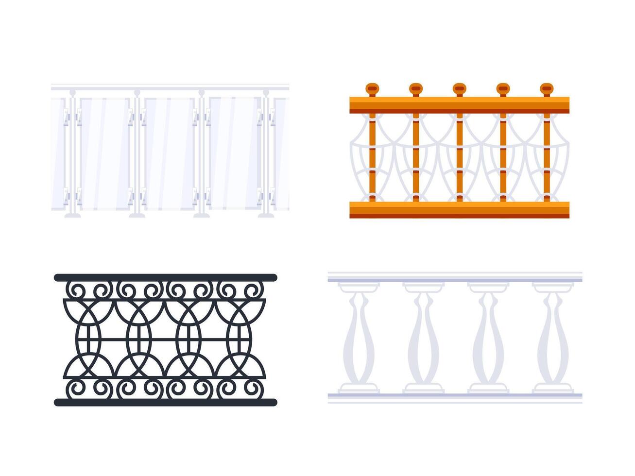 Set of balcony railing is showing different design and material using flat style vector