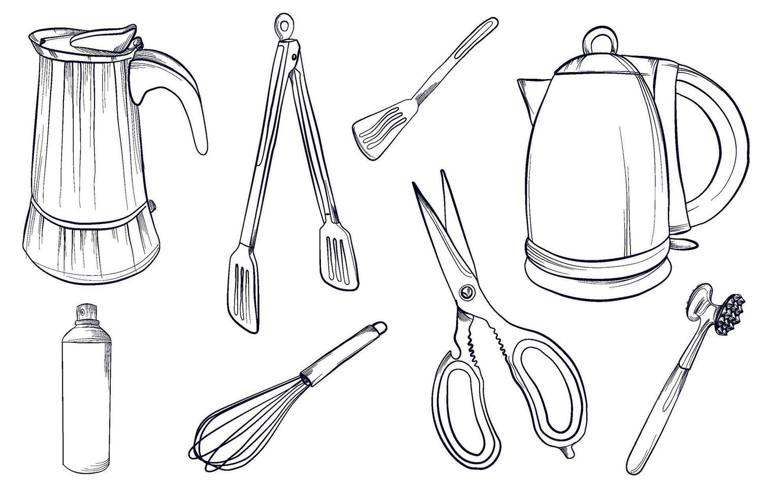 a set of black and white hand-drawn food preparation items illustration vector