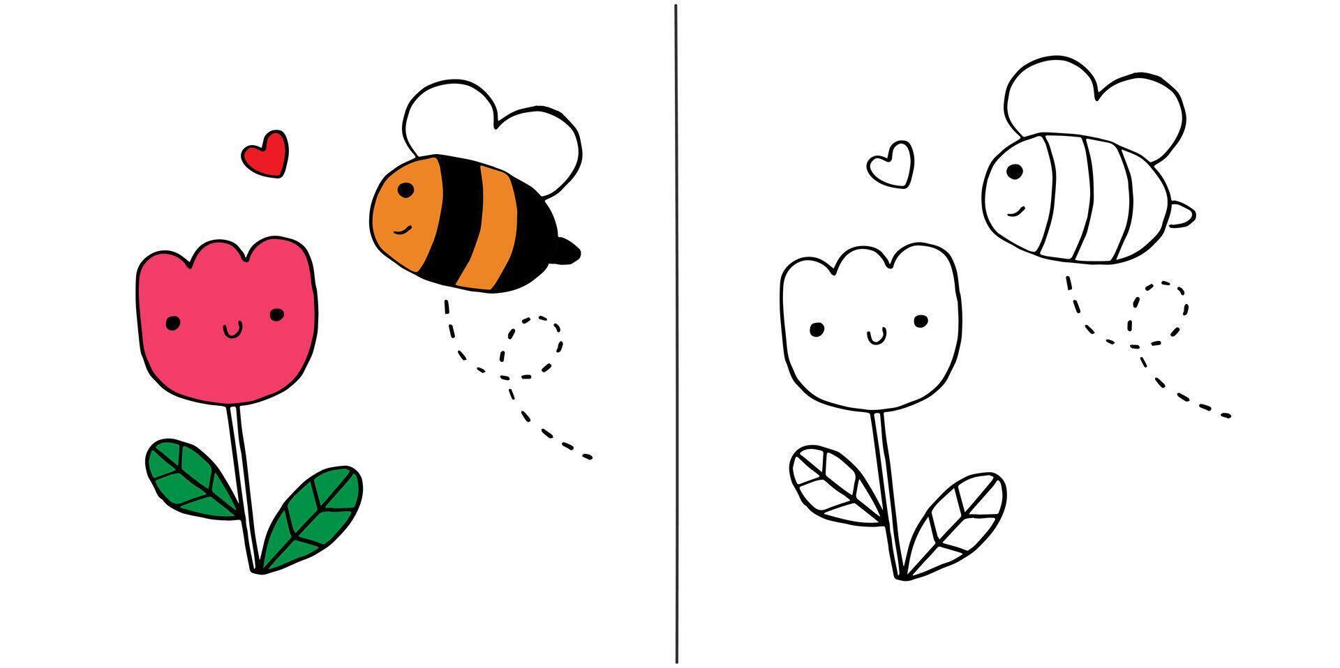 hand drawn flower and bee illustartion vector