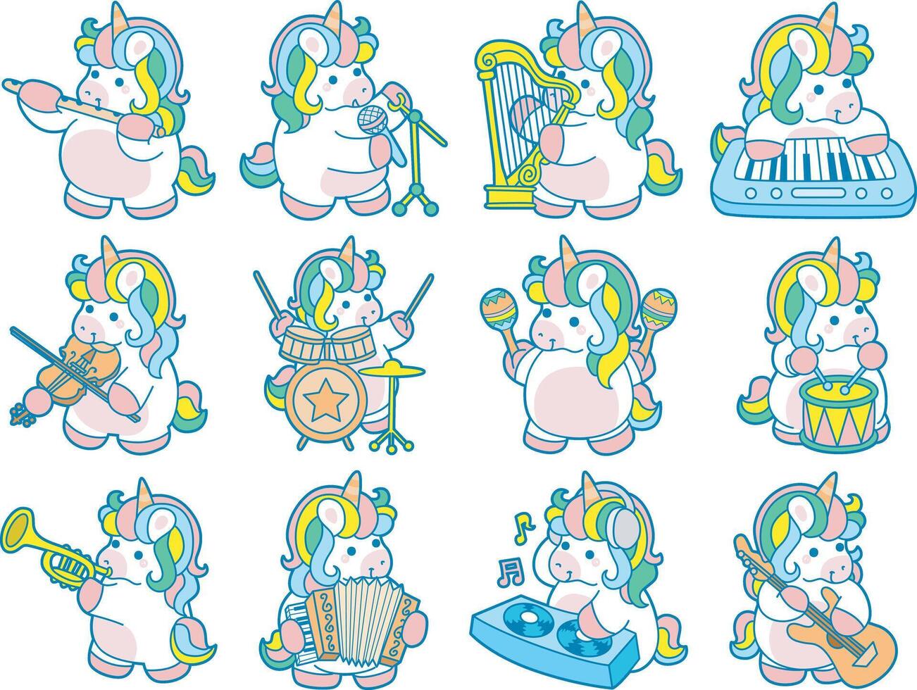 Illustration of cute unicorn activities icon. Funny rainbow unicorn daily routine stickers. vector