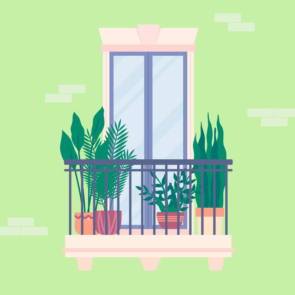 Cartoon Color Urban Architecture Balcony with Plant in Flowerpot. vector