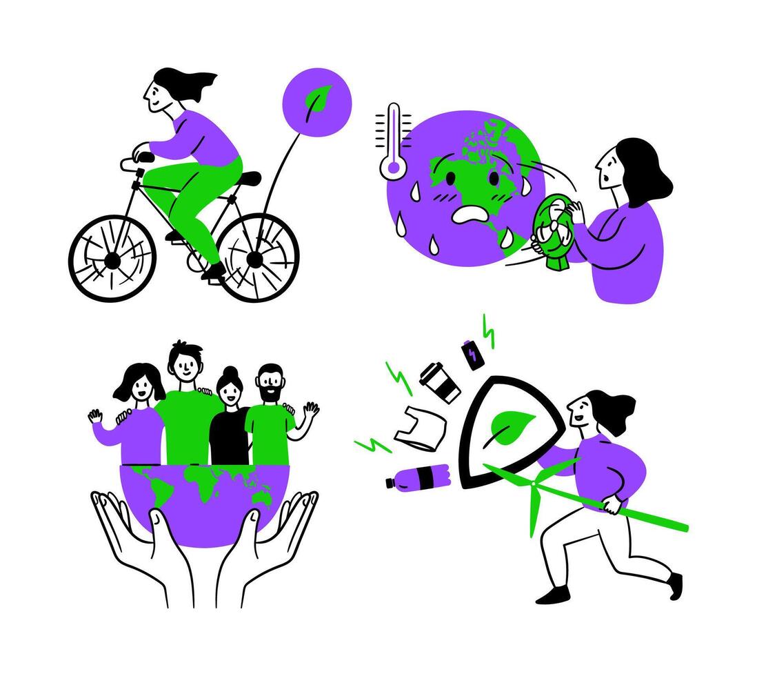 Cartoon Color Eco Friendly Lifestyle Protection Planet Concept Scenes Set illustration of Saving from Climate Change vector