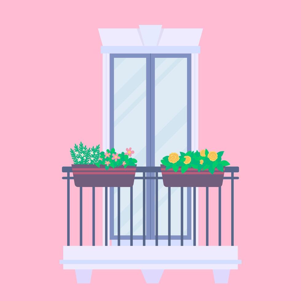Cartoon Color Urban Architecture Balcony with Plant Flowers Boxes. vector