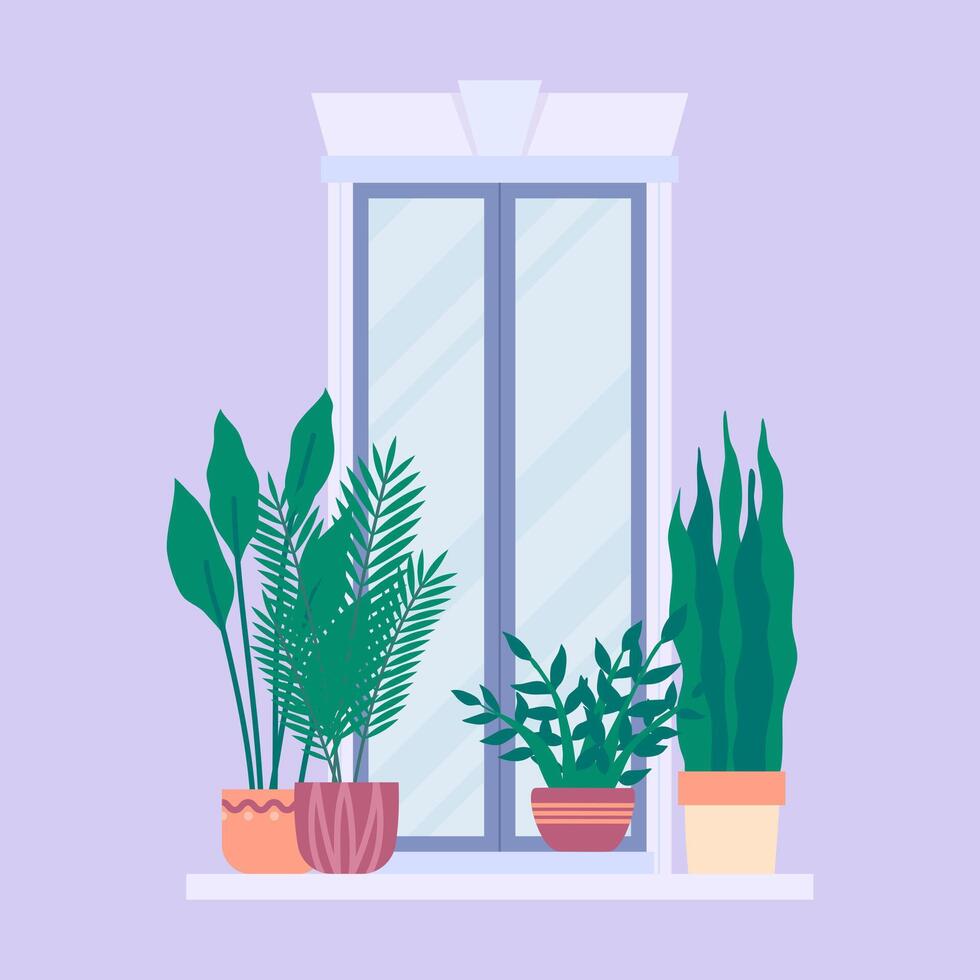 Cartoon Color Urban Architecture Window Frame with Plant in Flowerpot. vector