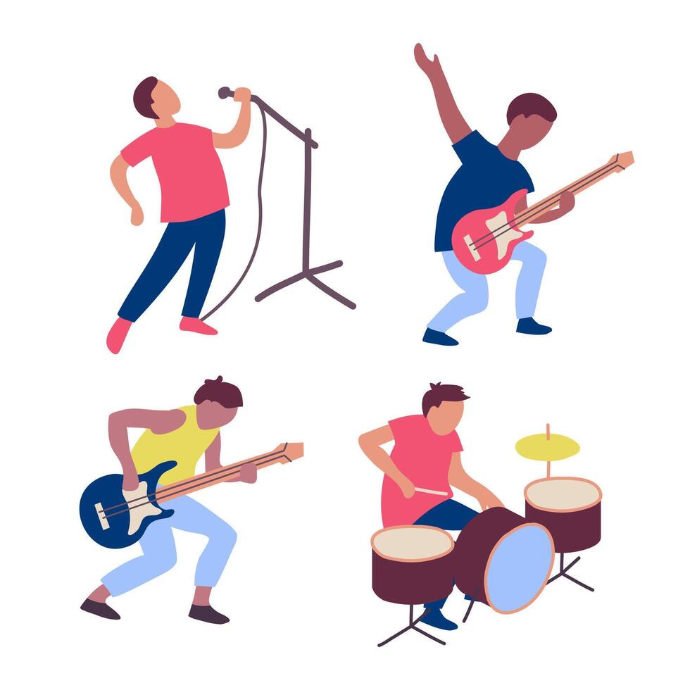 Cartoon Color Characters Man Musicians Performing with Musical Instruments Concept. vector