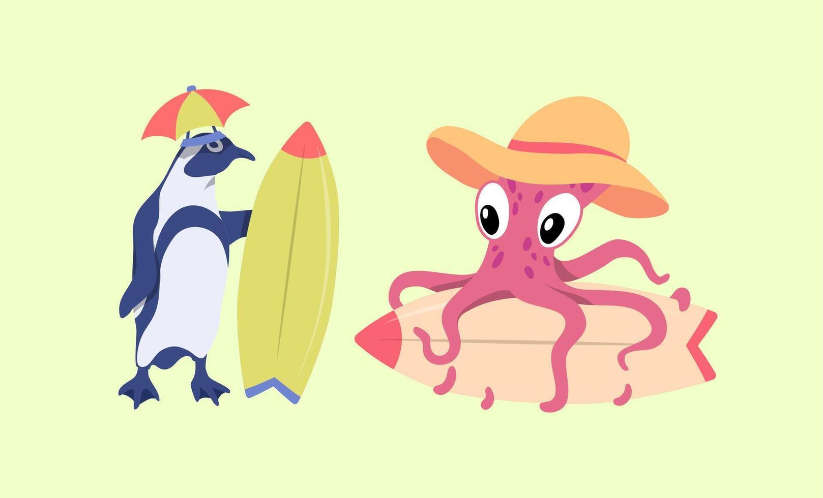 Cartoon Color Characters Animal Penguin and Octopus Surfers Set. vector
