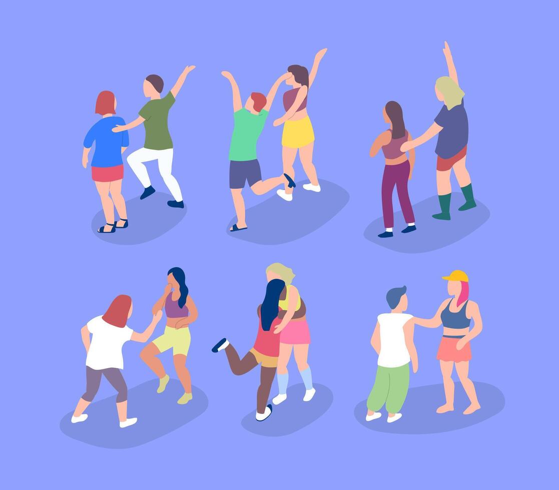 Cartoon Color Different Couples on Music Festival or Open-air Concert Set. vector