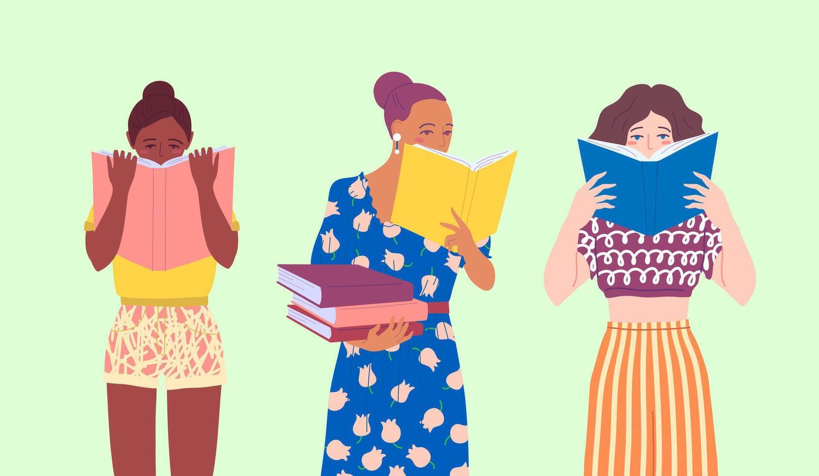 Cartoon Color Different Types Characters Girls Reading Set. vector