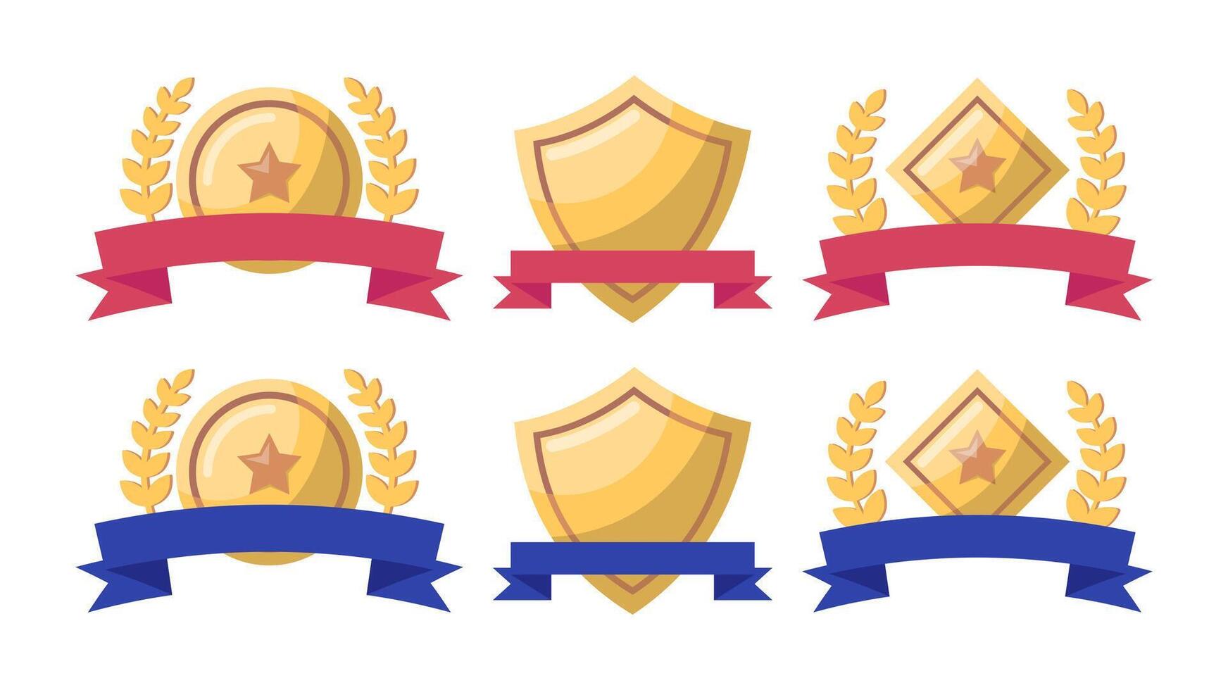 Cartoon Different Shapes Golden Awards with Laurel Wreaths Set. vector
