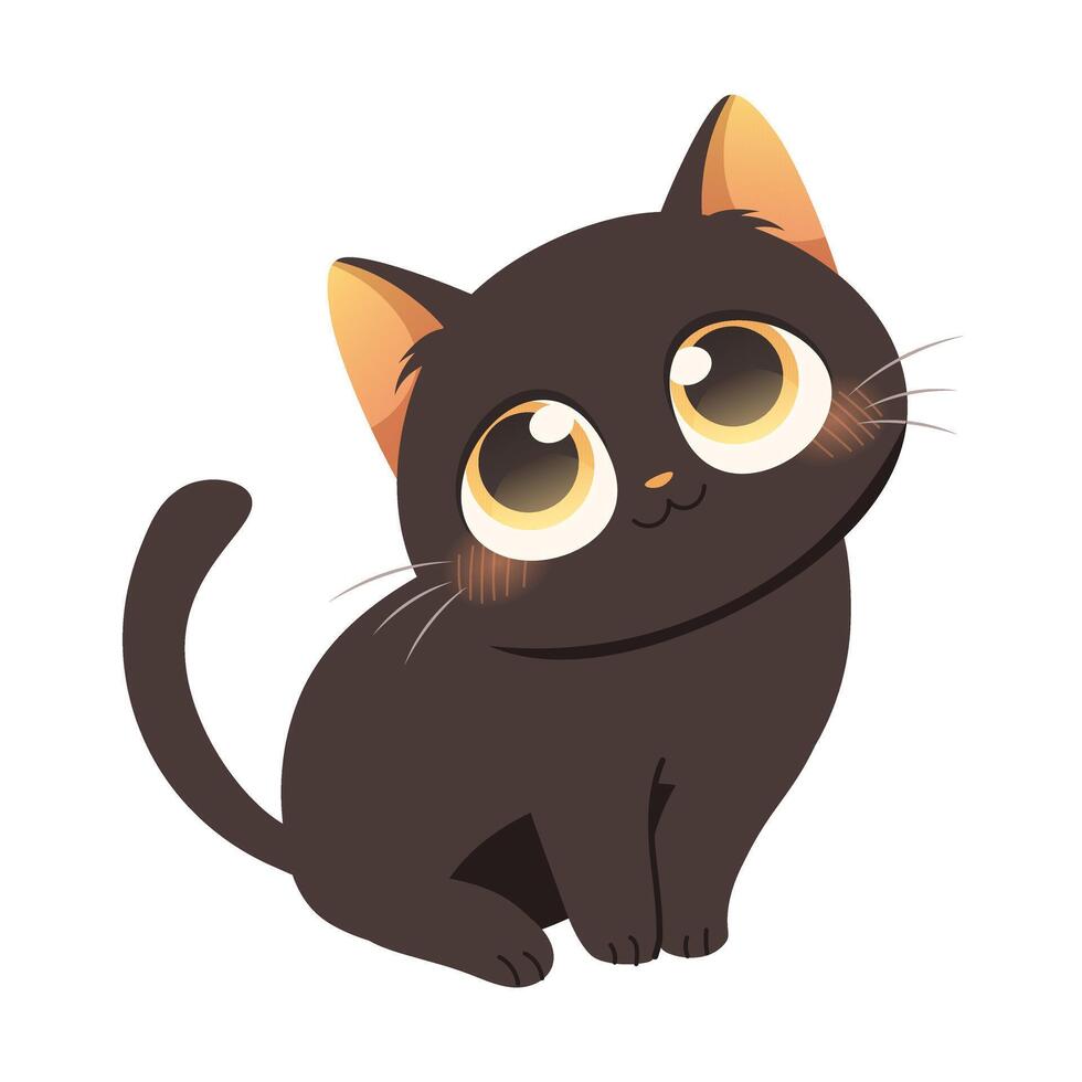Kawaii black cat full size. Witch cat, black kitten with big eyes. illustration on white background vector