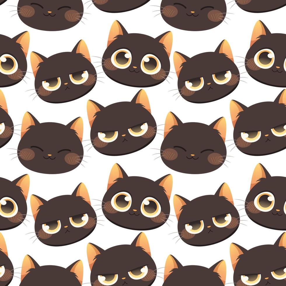 Seamless pattern with kawaii black cats. Black cat with different emotions. ornament with white background vector