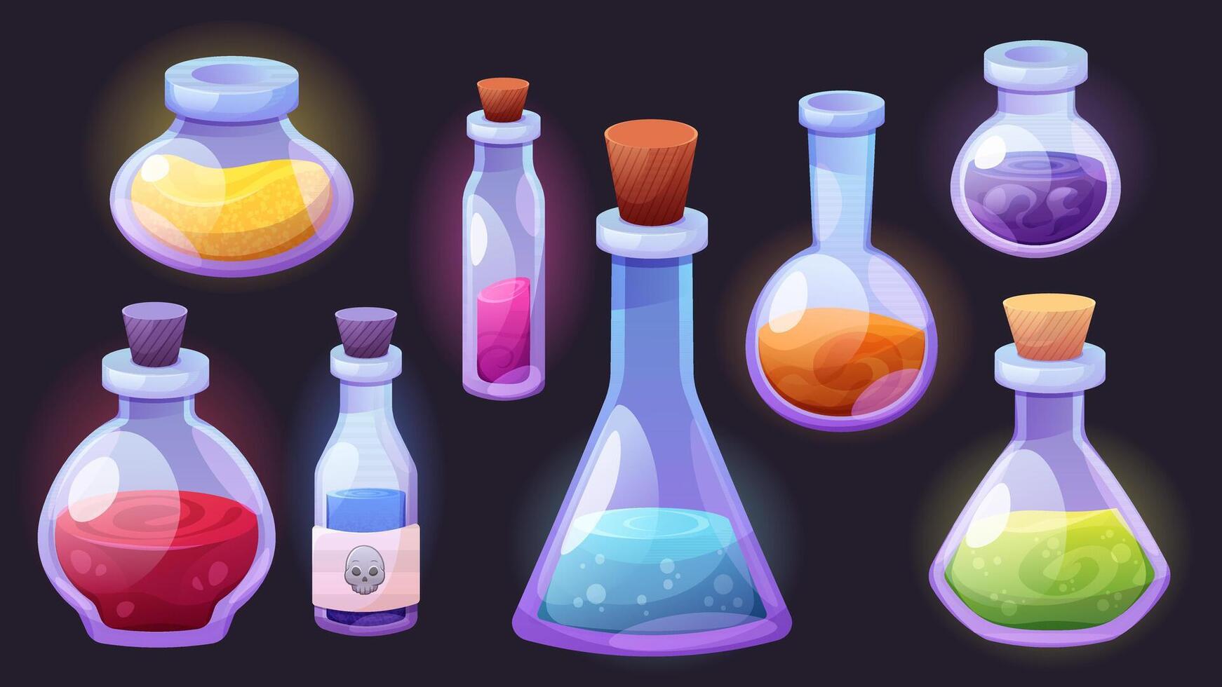 Set of glass chemical flasks. Jars, test tubes, containers with chemical reagents for laboratory. elements on white background vector