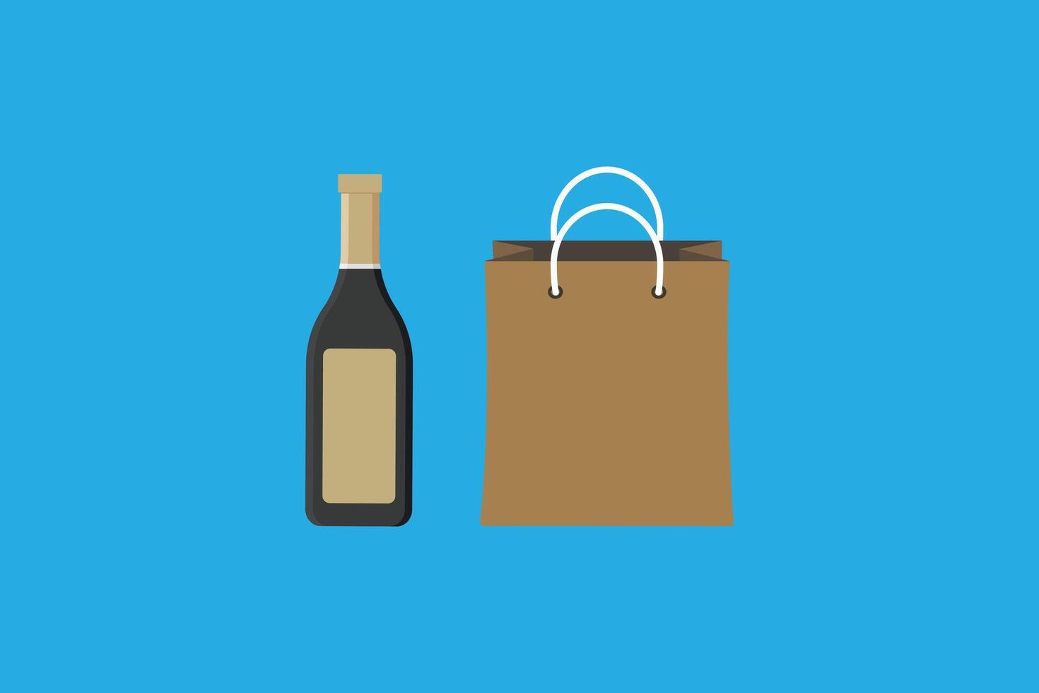 Minimalistic illustration of a wine bottle and a brown paper shopping bag on a solid blue background vector