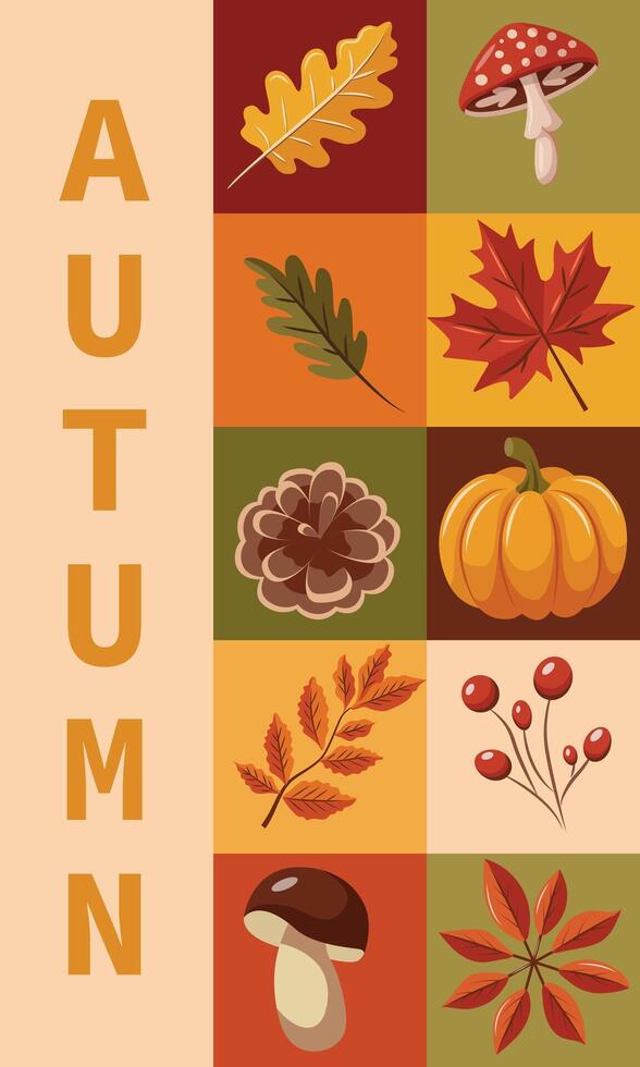 Colorful poster or card with autumn leaves, mushrooms and pumpkins. The poster says Autumn in bold letters. vector