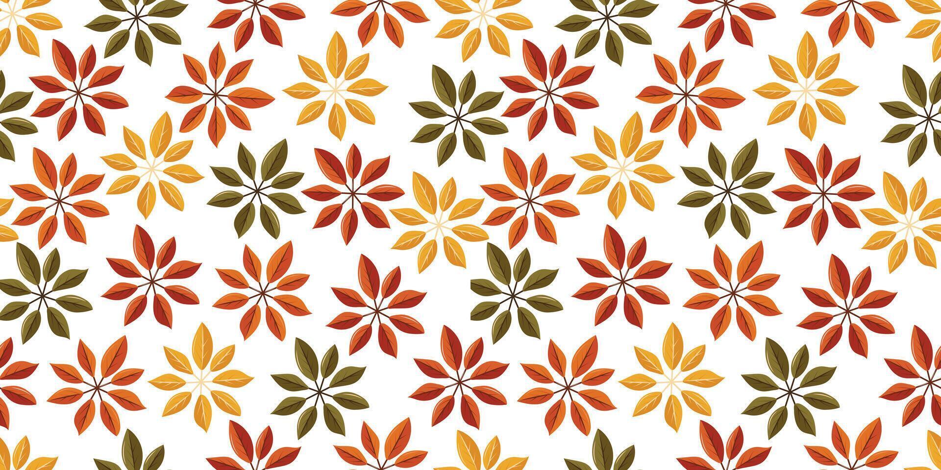 Seamless pattern of autumn leaves of different colors including orange, yellow and green. The pattern is repeated throughout the image, creating a feeling of unity and harmony. vector