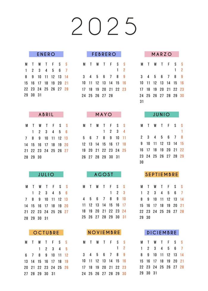 Spanish calendar 2025 year. stationery calendar week starts Monday. Yearly organizer. Simple modern calendar template in minimalist design. Business illustration. vector