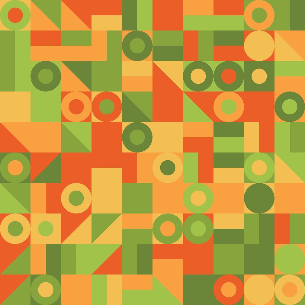 a green and orange colorful geometric pattern background with squares and circles vector