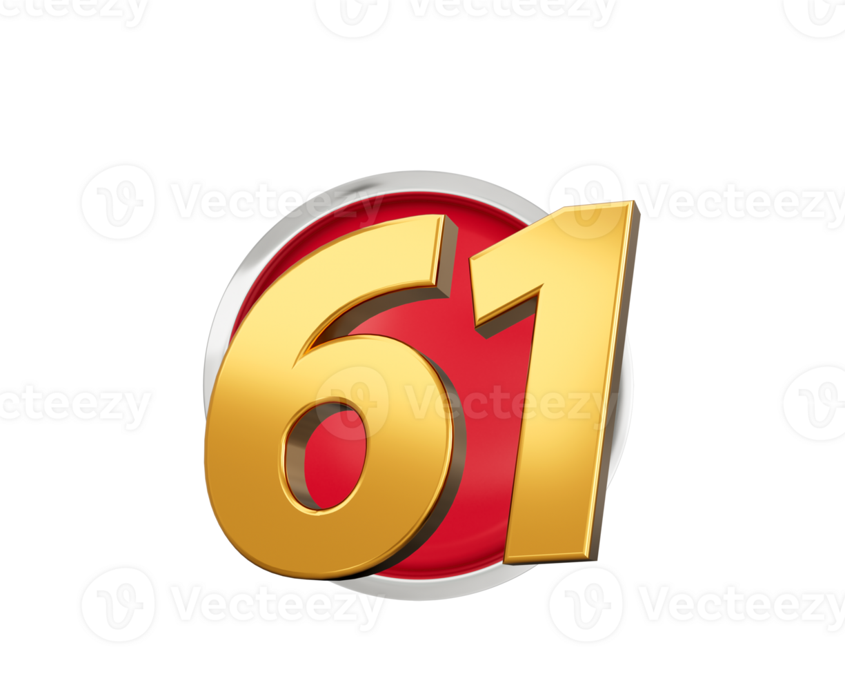 Gold Number 61 Gold Number Sixty One On Rounded Red Icon, 3d illustration png