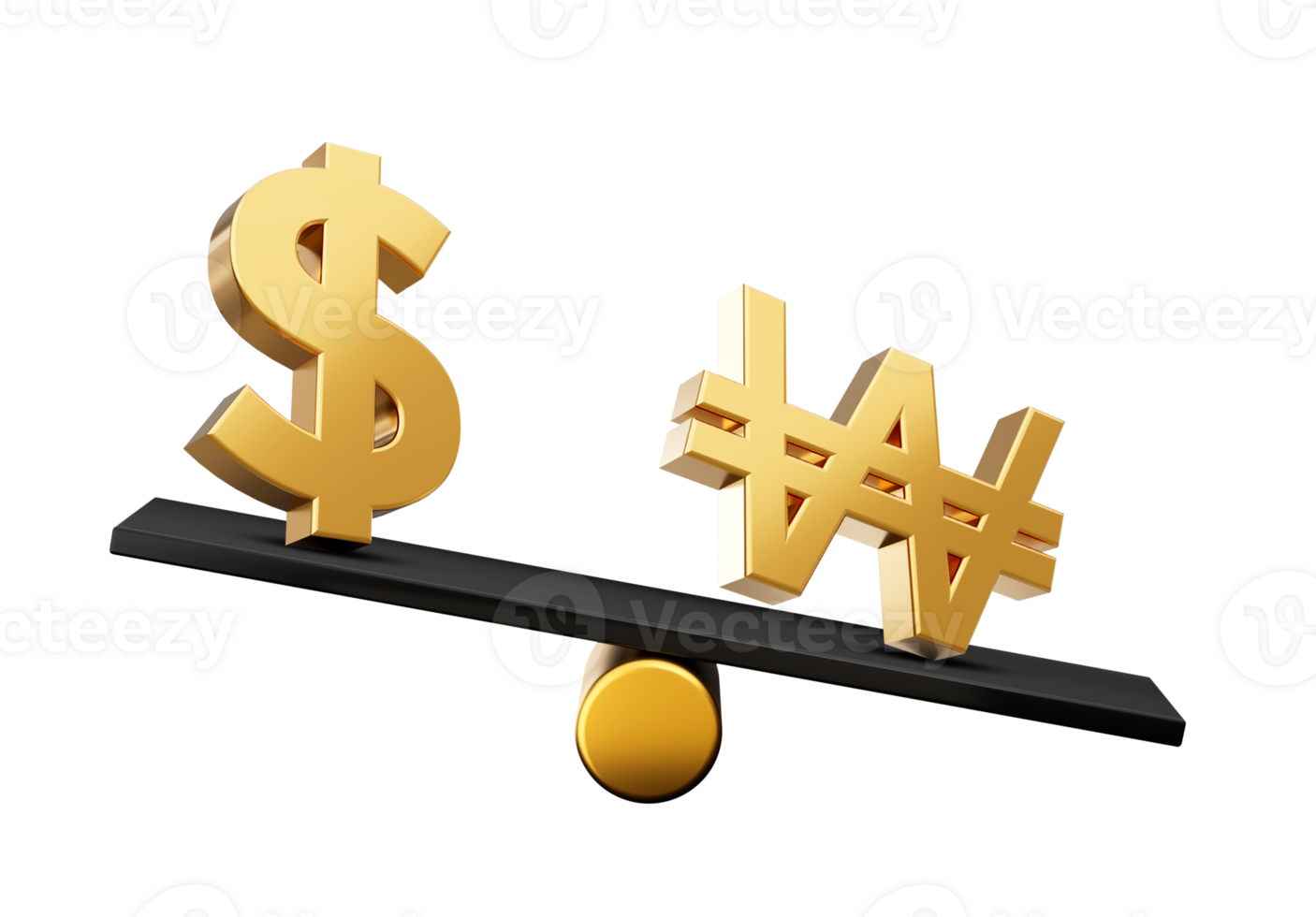3d Golden Dollar And Won Symbol Icons With 3d Black Balance Weight Seesaw, 3d illustration png