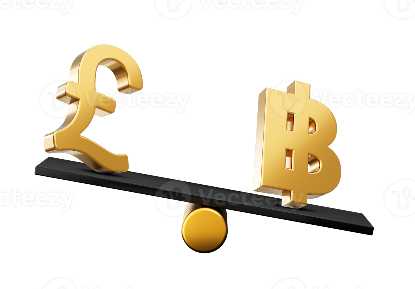 3d Golden Pound And Baht Symbol Icons With 3d Black Balance Weight Seesaw, 3d illustration png