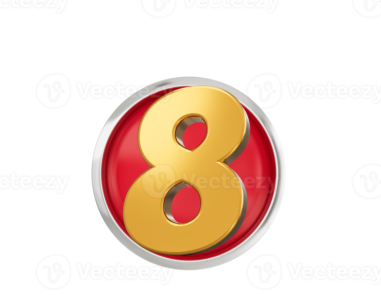 Gold Number 8 Gold Number Eight, Rounded Red Icon, 3d illustration png