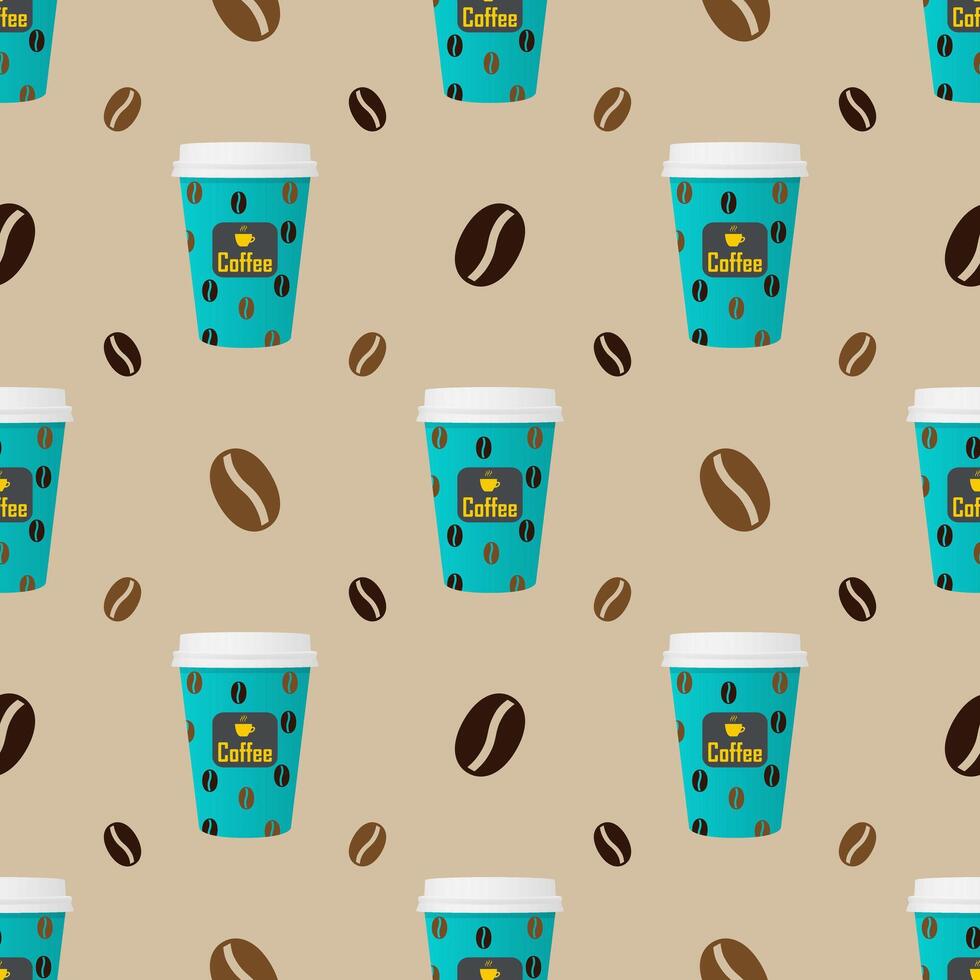 Seamless pattern paper cup of coffee with coffee beans on a bright background vector