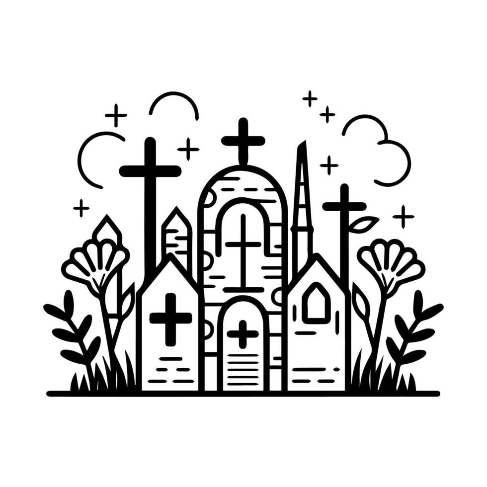 Church with cross and flowers on a hill illustration vector