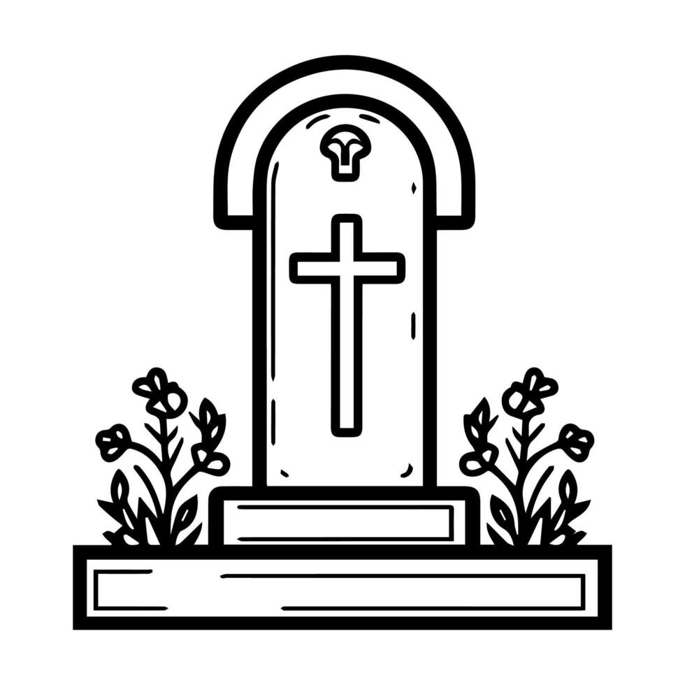 A grave stone with flowers and a cross vector