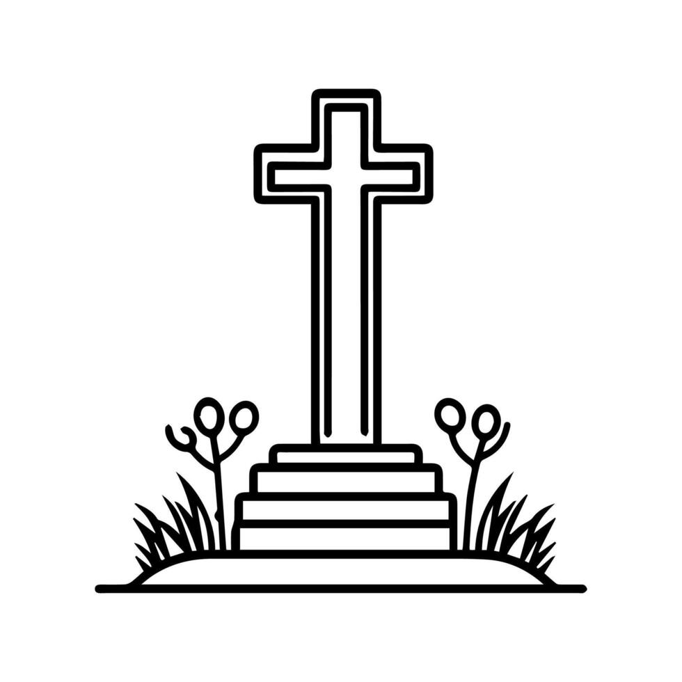 A cross on a grave with grass and flowers vector