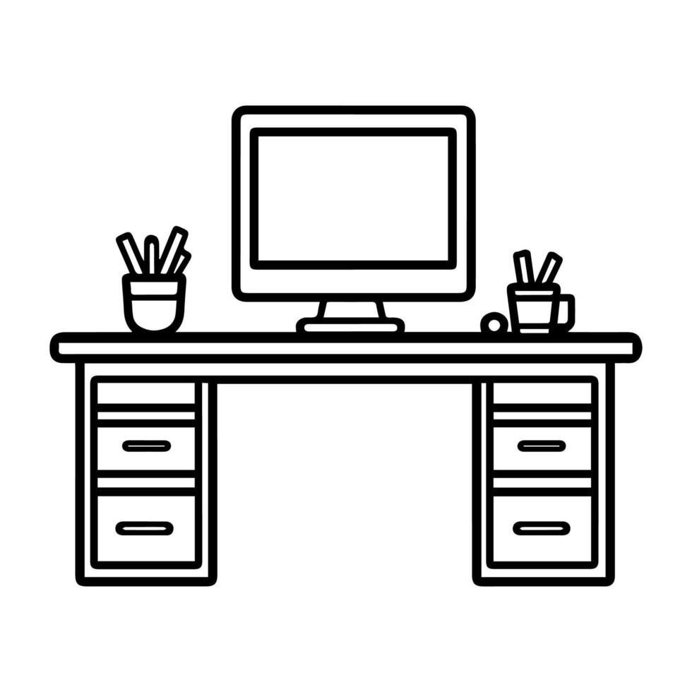 Computer desk with monitor, keyboard and mouse icon vector