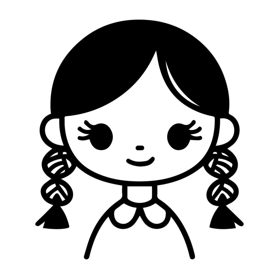 A black and white drawing of a girl with braids vector