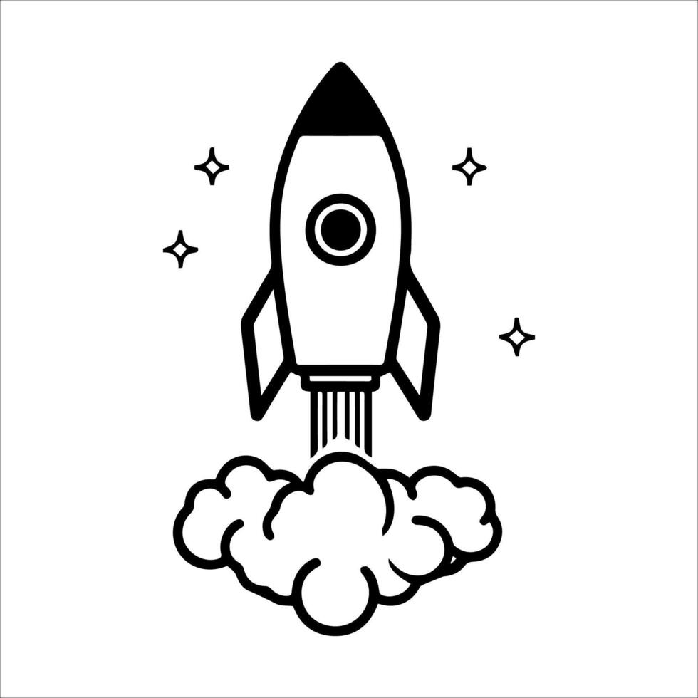 A black and white illustration of a rocket flying through the air vector