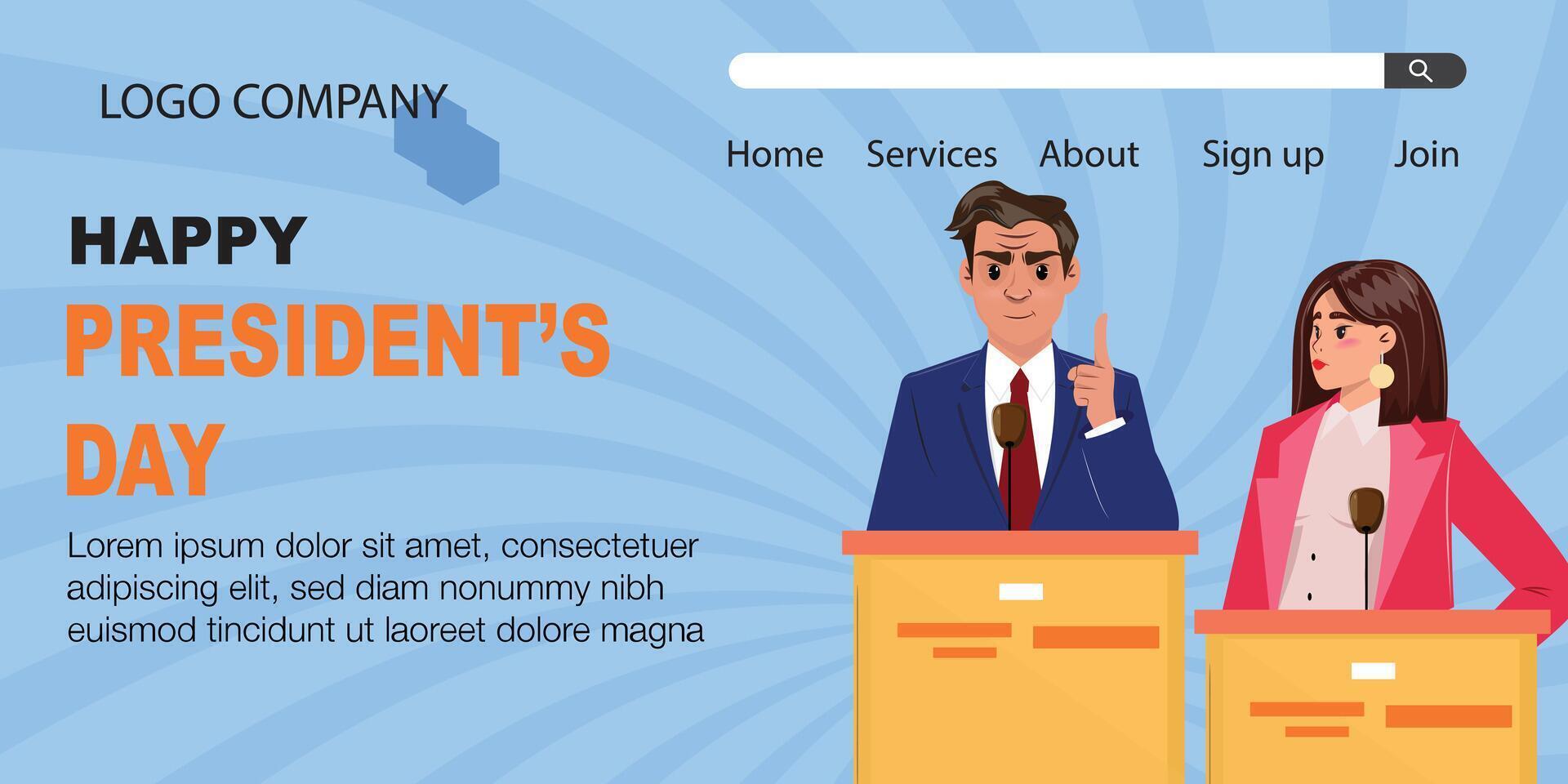 Two candidates, man and woman in suits, speaking on President's Day landing page, public event concept vector